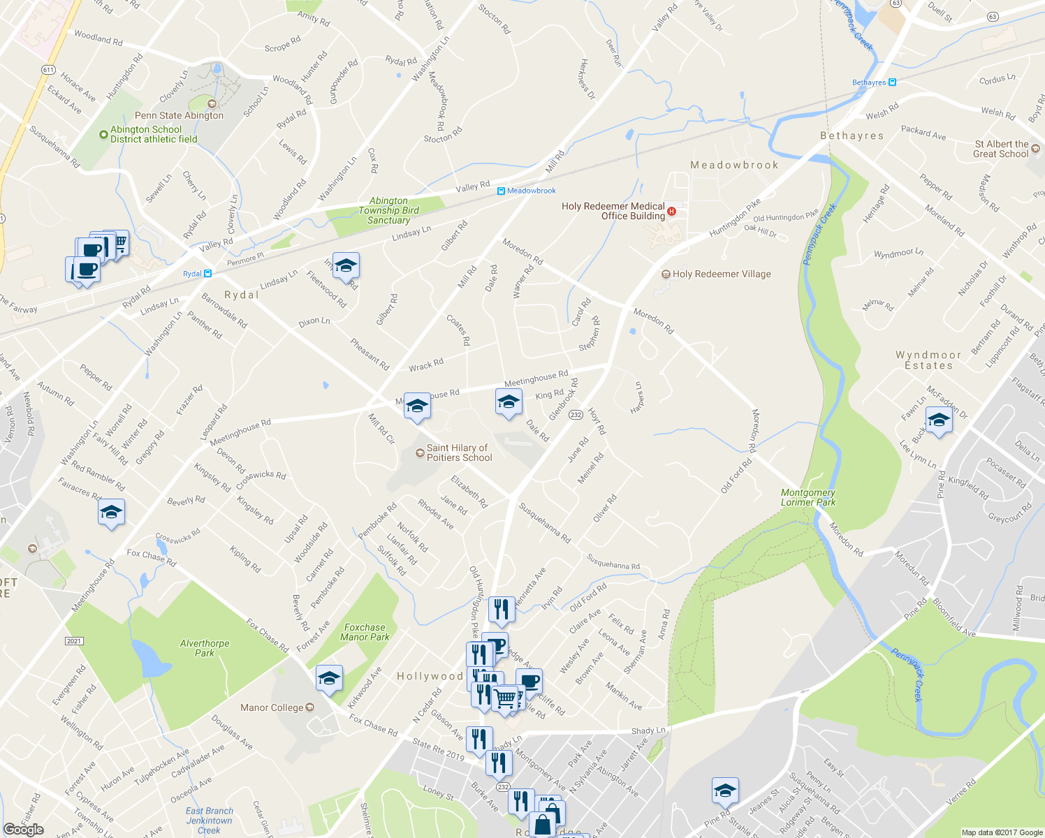 map of restaurants, bars, coffee shops, grocery stores, and more near 750 Dale Road in Montgomery County