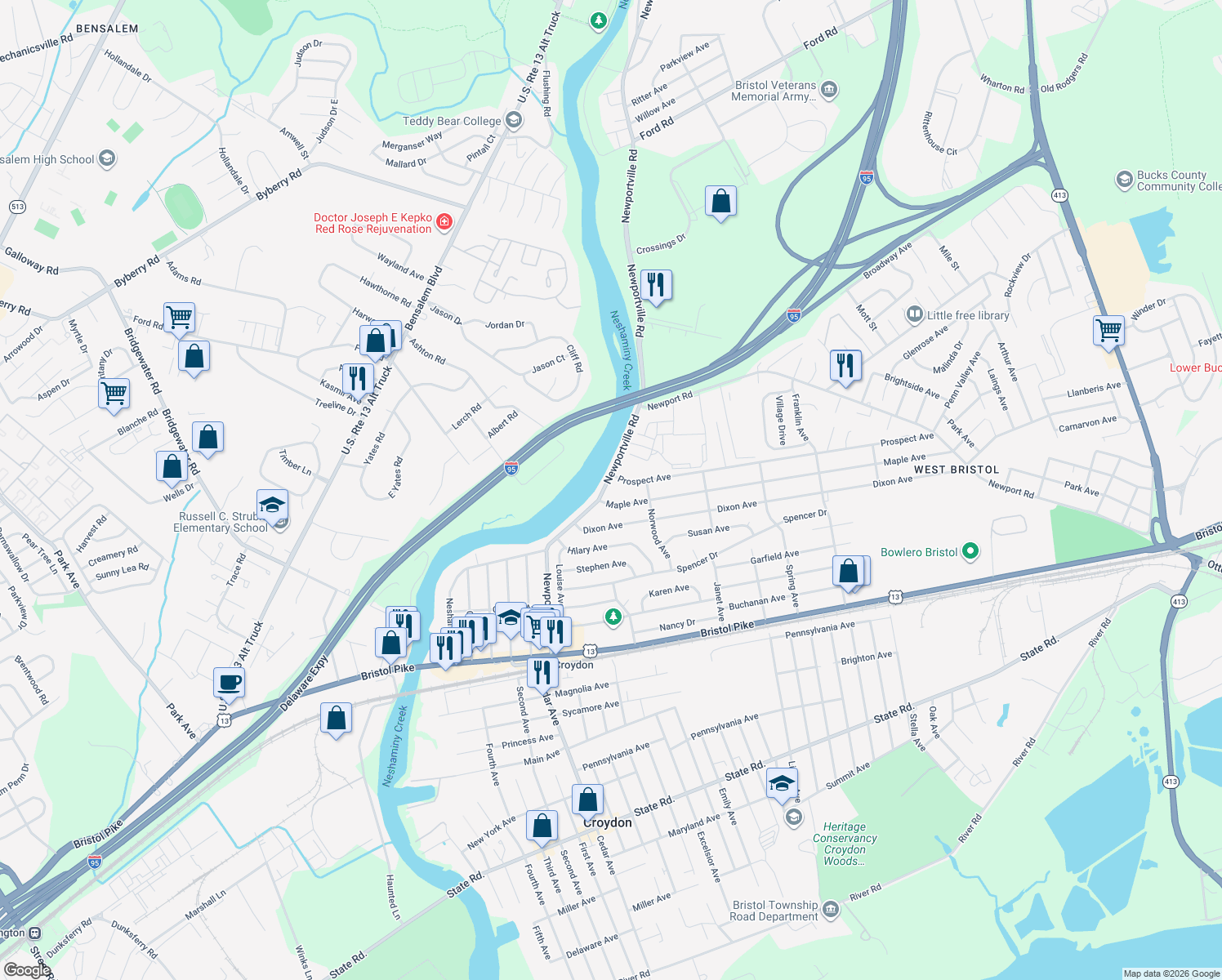 map of restaurants, bars, coffee shops, grocery stores, and more near 900 Newportville Road in Croydon