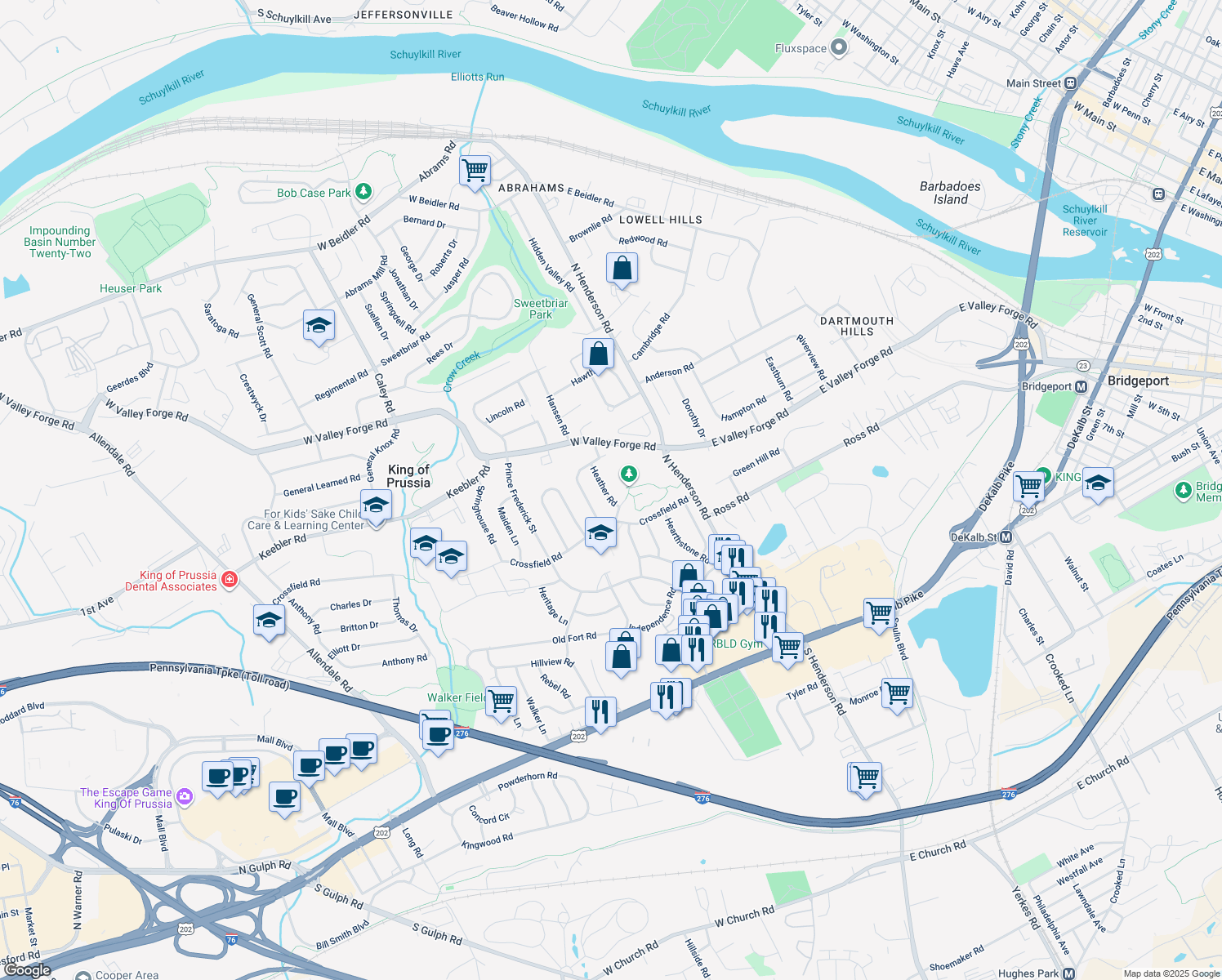 map of restaurants, bars, coffee shops, grocery stores, and more near 268 Heather Road in King of Prussia