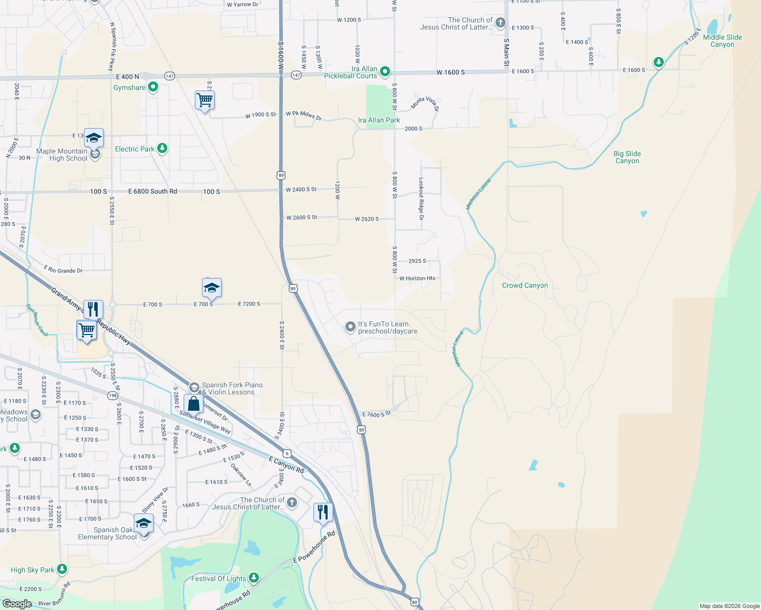 map of restaurants, bars, coffee shops, grocery stores, and more near 765 West 3050 South in Mapleton