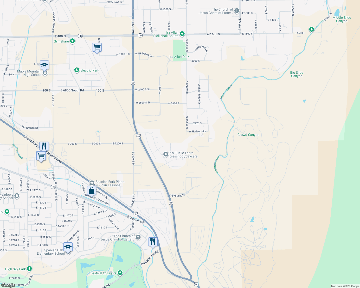 map of restaurants, bars, coffee shops, grocery stores, and more near 872 West Union Bench Drive in Springville