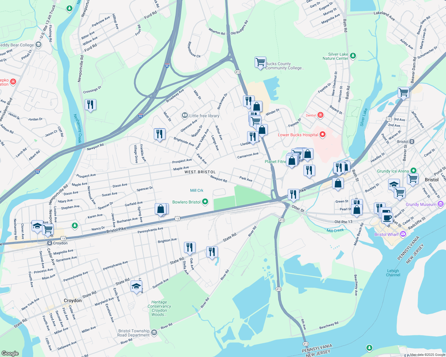 map of restaurants, bars, coffee shops, grocery stores, and more near 626 Newport Road in Bristol