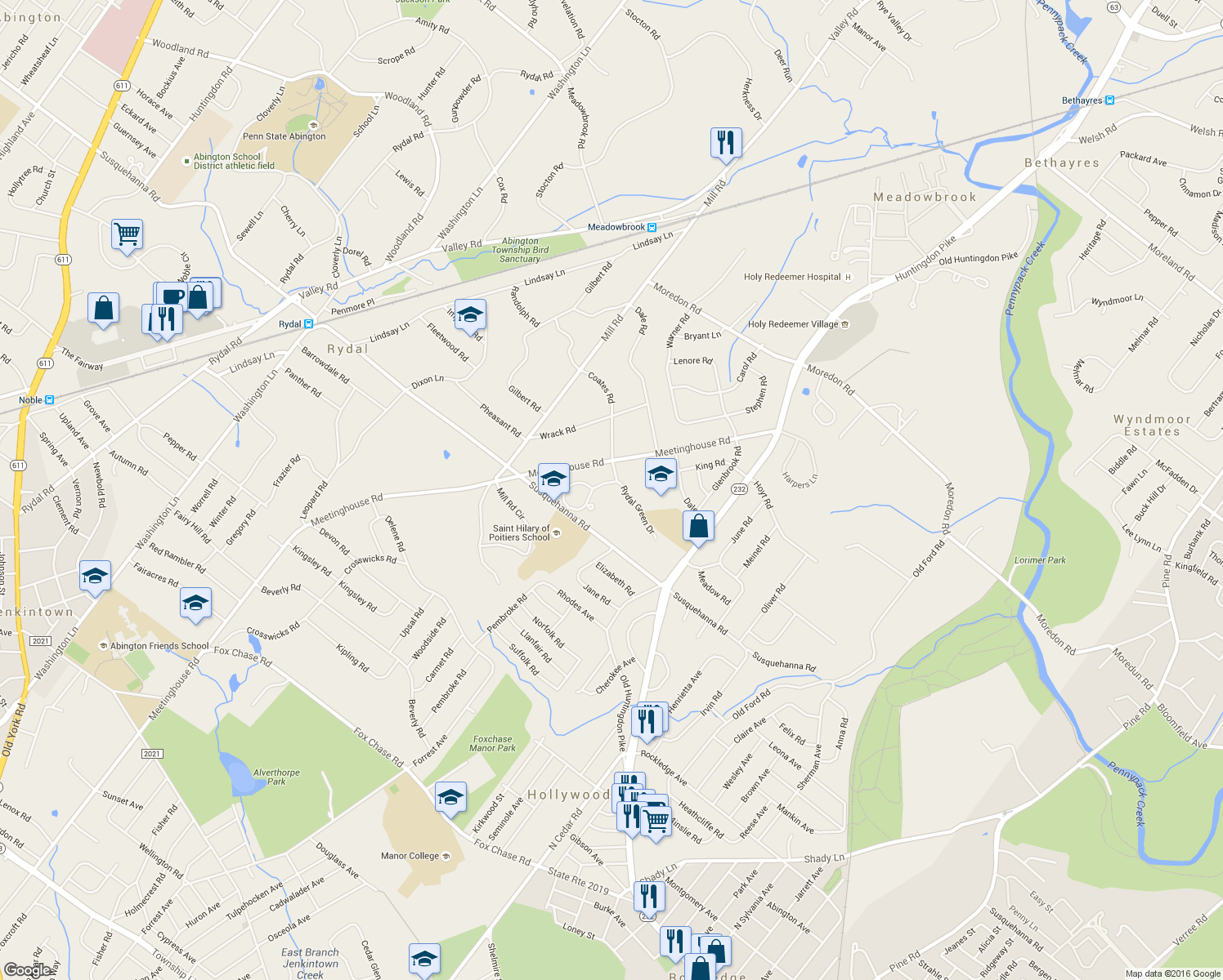 map of restaurants, bars, coffee shops, grocery stores, and more near 1185 Timbergate Drive in Rydal