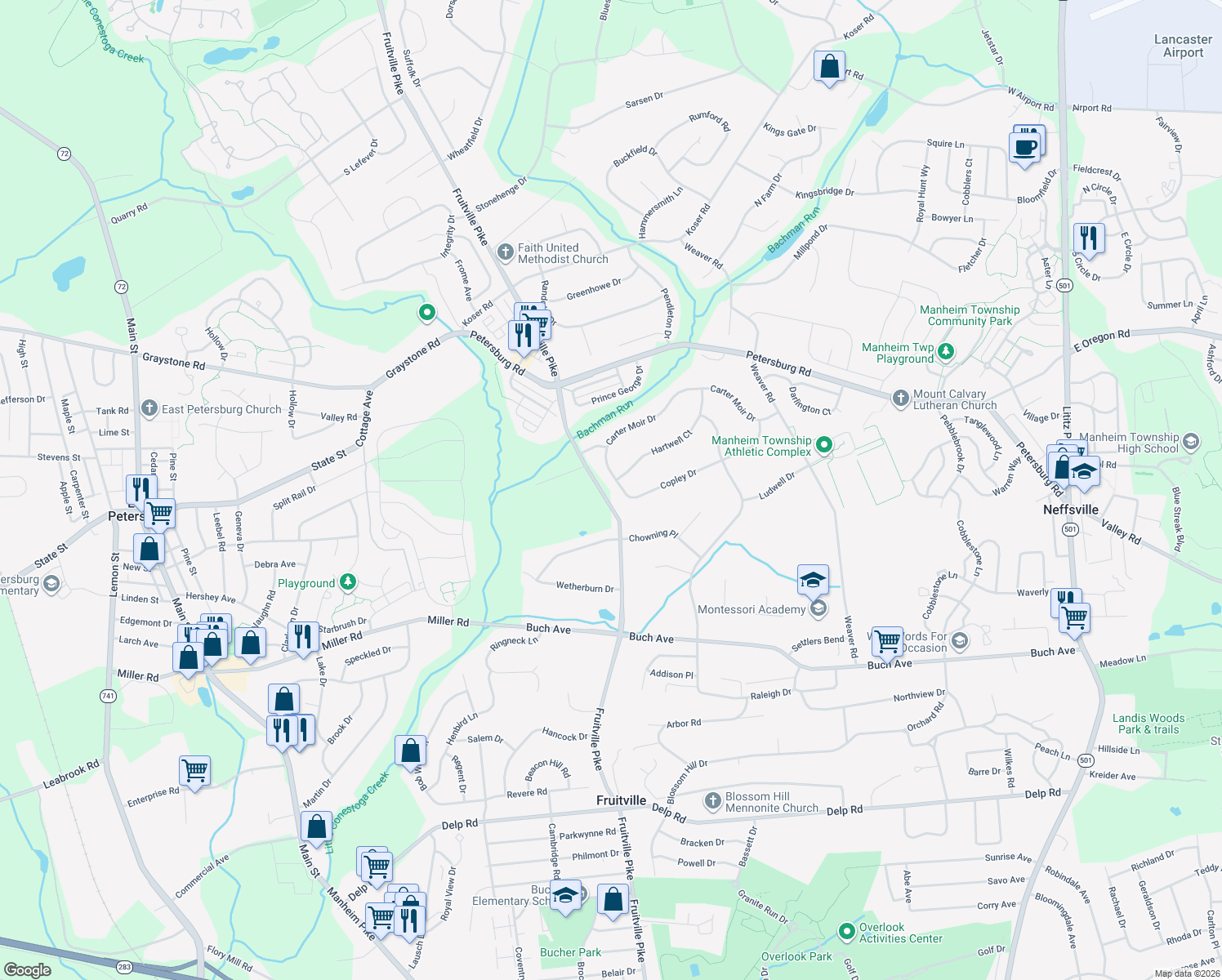 map of restaurants, bars, coffee shops, grocery stores, and more near 396 Copley Dr in Lancaster