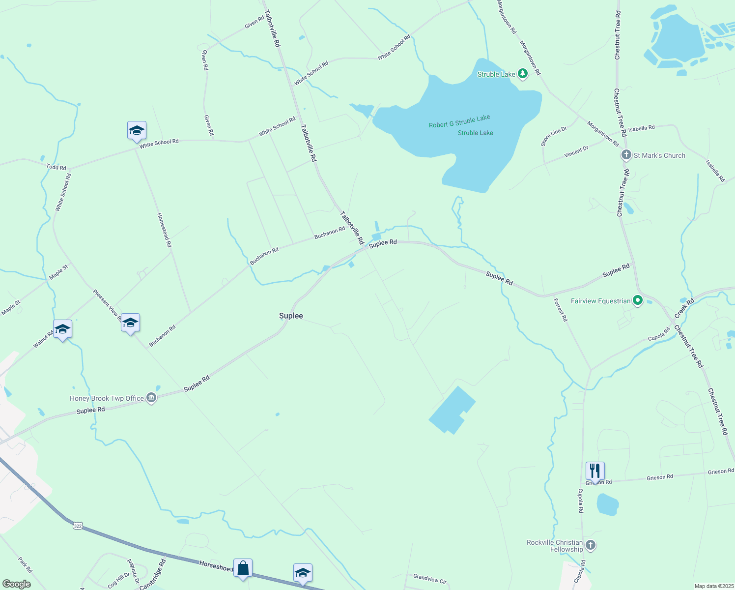 map of restaurants, bars, coffee shops, grocery stores, and more near 279 Glen Loch Drive in Honey Brook