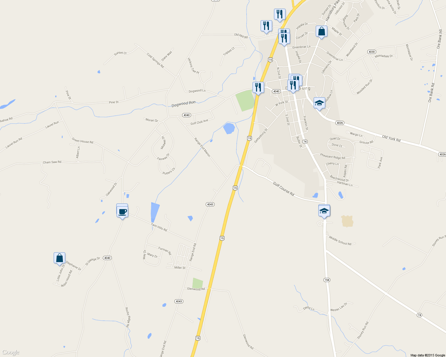 map of restaurants, bars, coffee shops, grocery stores, and more near 98 Range End Manor in Dillsburg