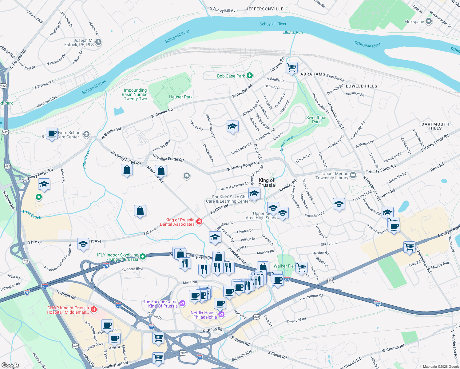 map of restaurants, bars, coffee shops, grocery stores, and more near 561 General Learned Road in King of Prussia