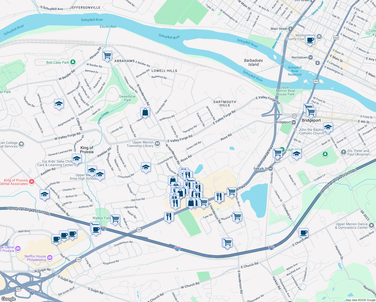 map of restaurants, bars, coffee shops, grocery stores, and more near 141 Green Hill Rd in King of Prussia