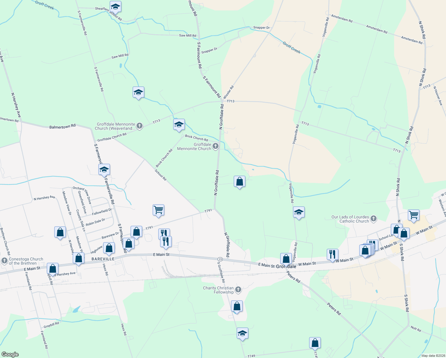 map of restaurants, bars, coffee shops, grocery stores, and more near 1108 Valley View Dr in New Holland