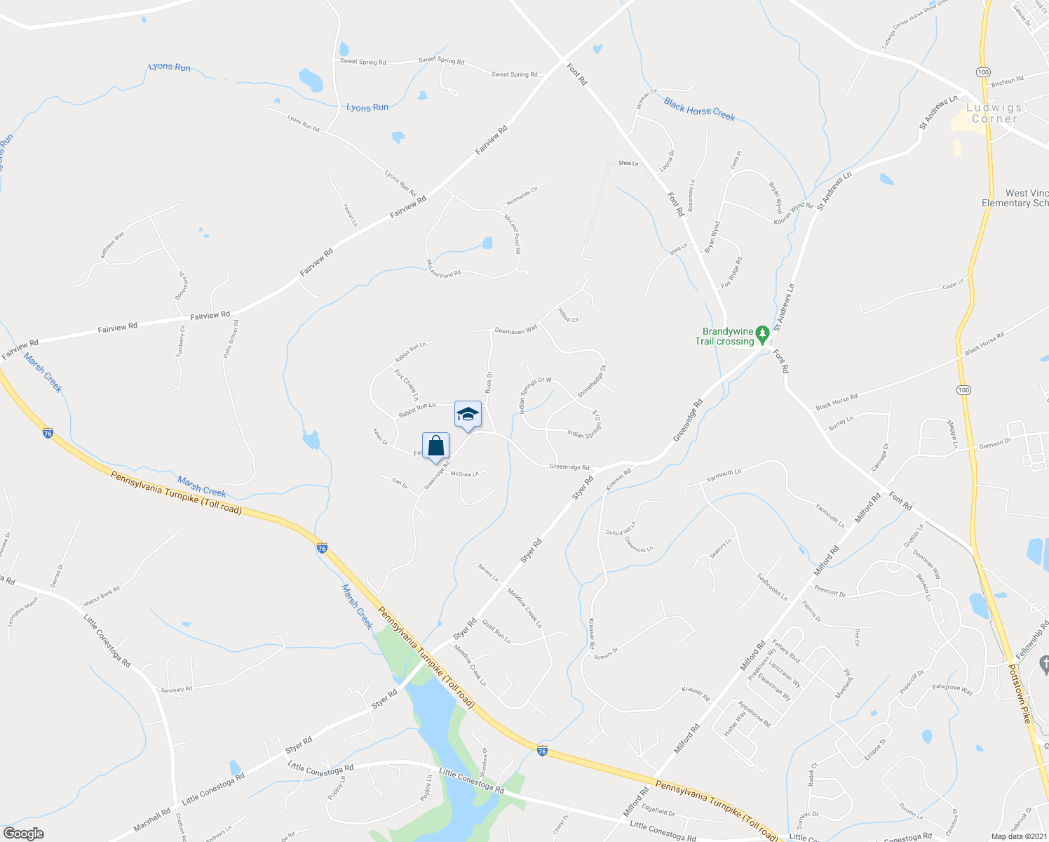 map of restaurants, bars, coffee shops, grocery stores, and more near 122 Indian Springs Drive West in Glenmoore