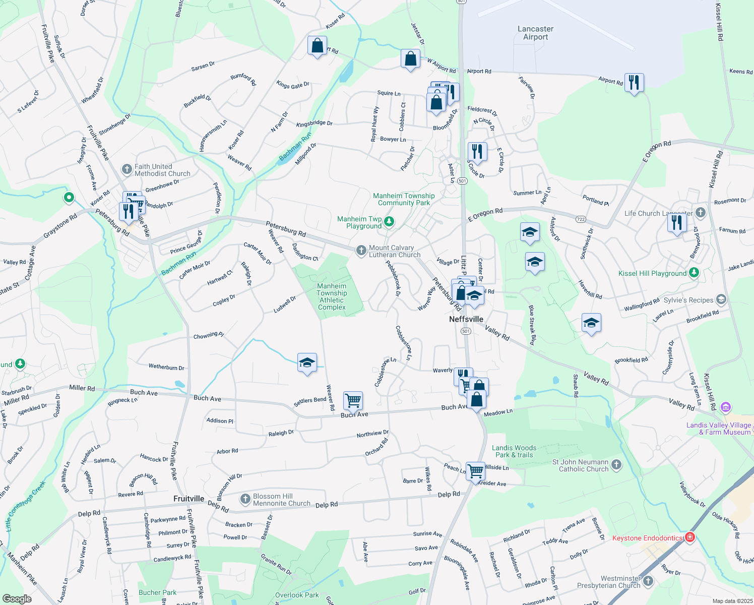 map of restaurants, bars, coffee shops, grocery stores, and more near 2806 Blacksmith Way in Lancaster