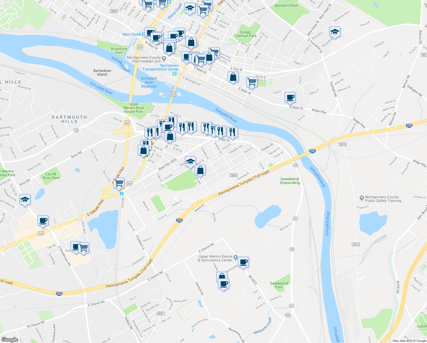 map of restaurants, bars, coffee shops, grocery stores, and more near 500 East Rambo Street in Bridgeport