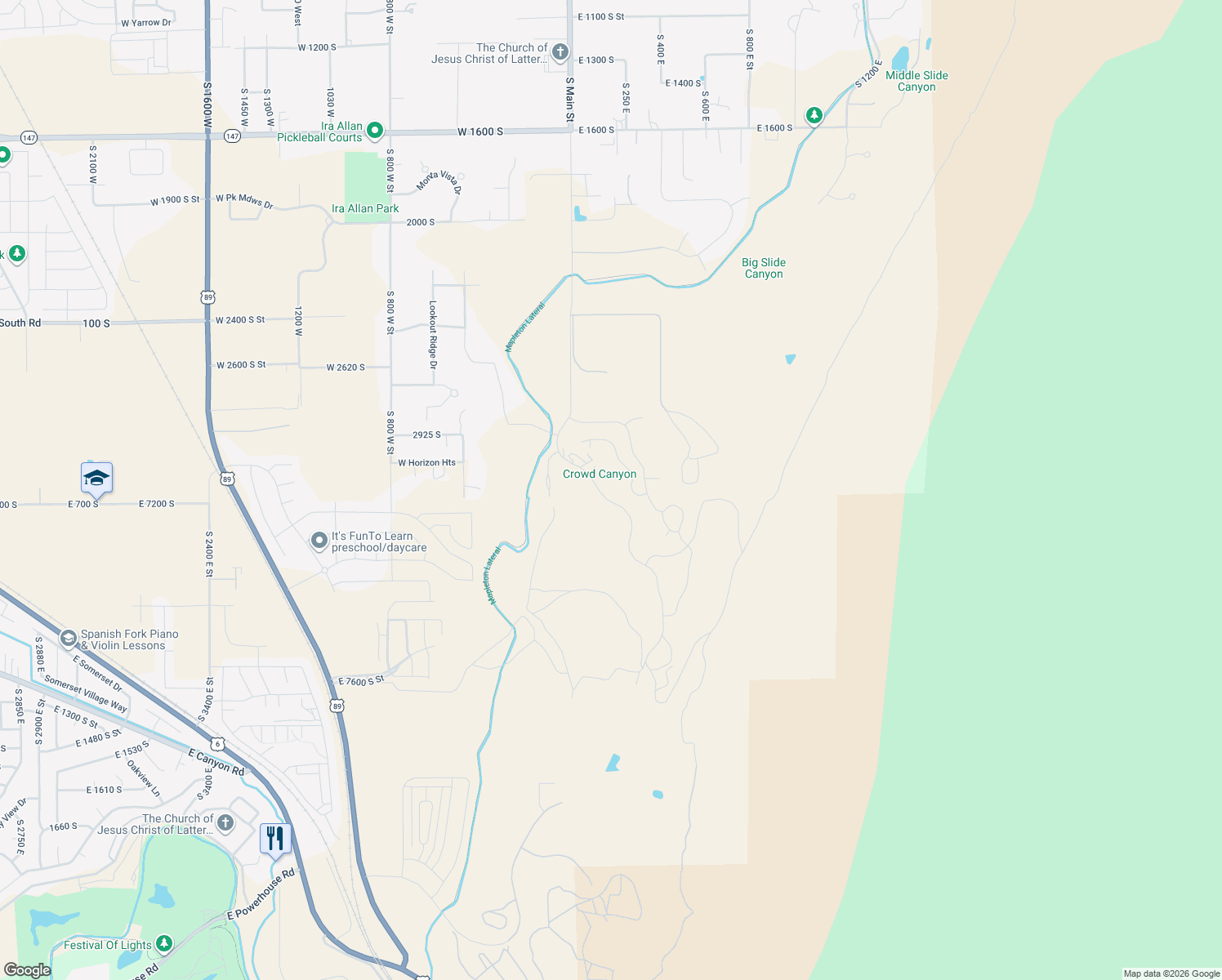 map of restaurants, bars, coffee shops, grocery stores, and more near 3247 South Mapleton Estates Drive in Mapleton