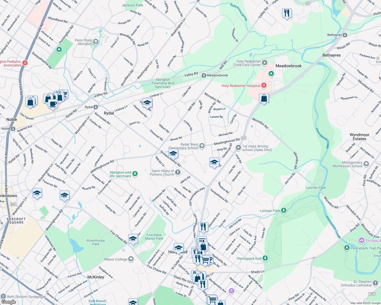 map of restaurants, bars, coffee shops, grocery stores, and more near 1188 Timbergate Drive in Rydal