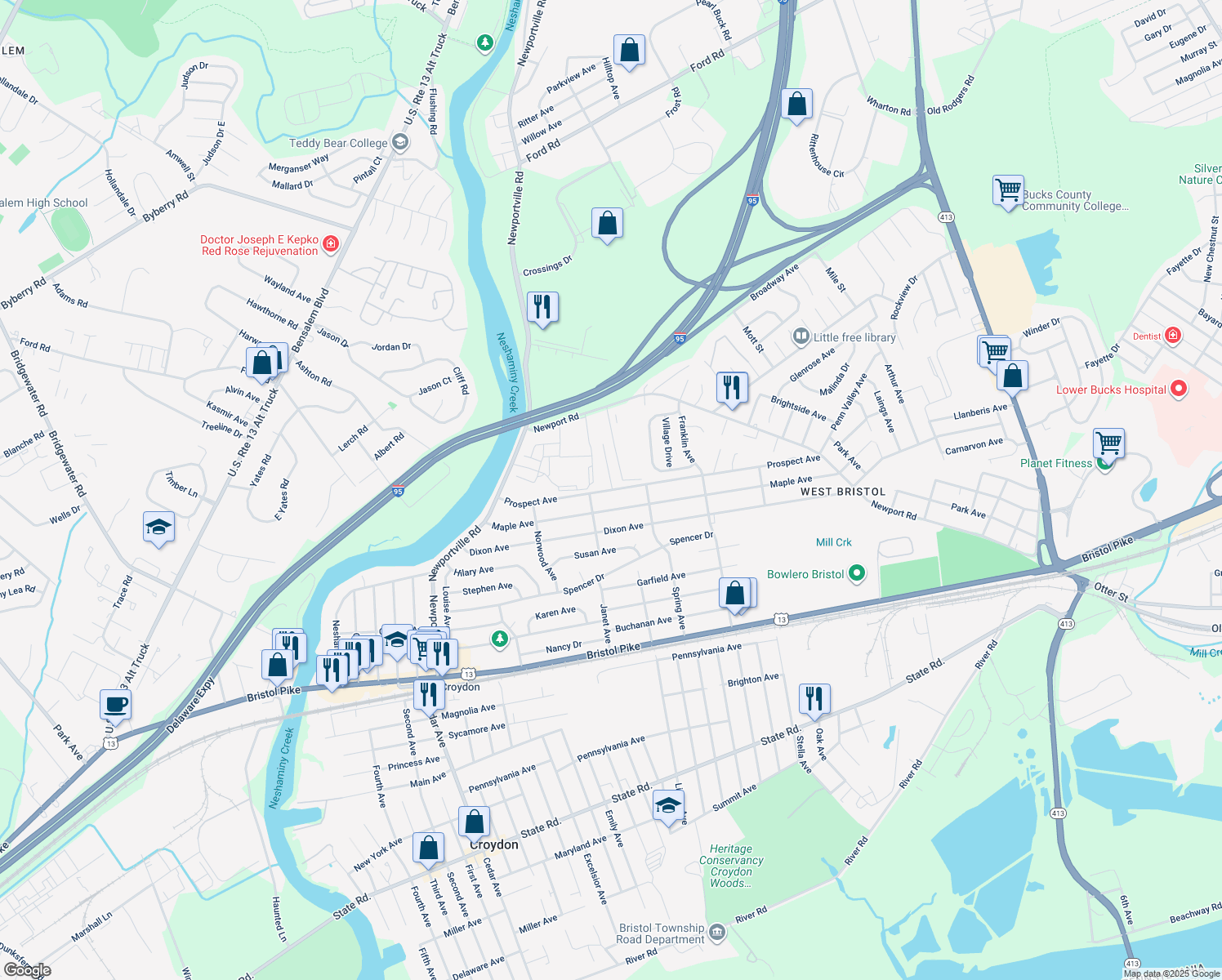 map of restaurants, bars, coffee shops, grocery stores, and more near 1726 Prospect Avenue in Croydon
