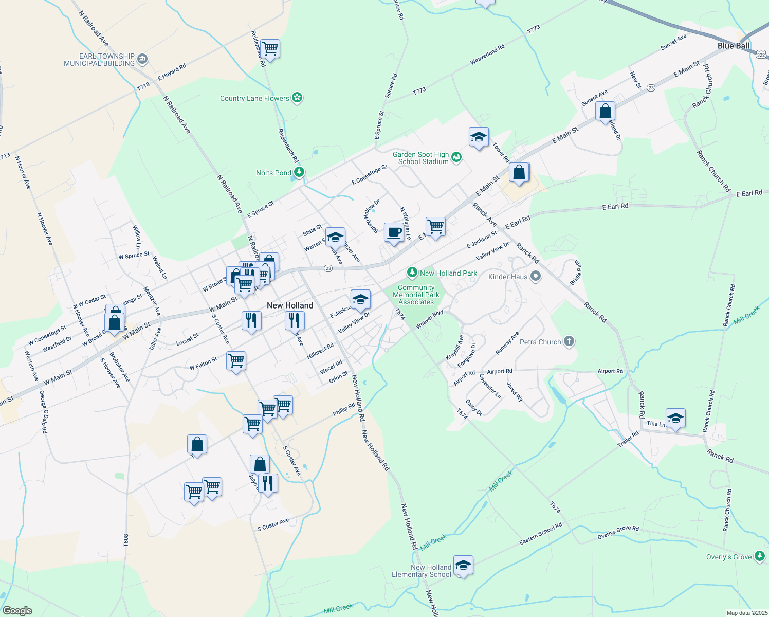 map of restaurants, bars, coffee shops, grocery stores, and more near 390 Valley View Dr in New Holland