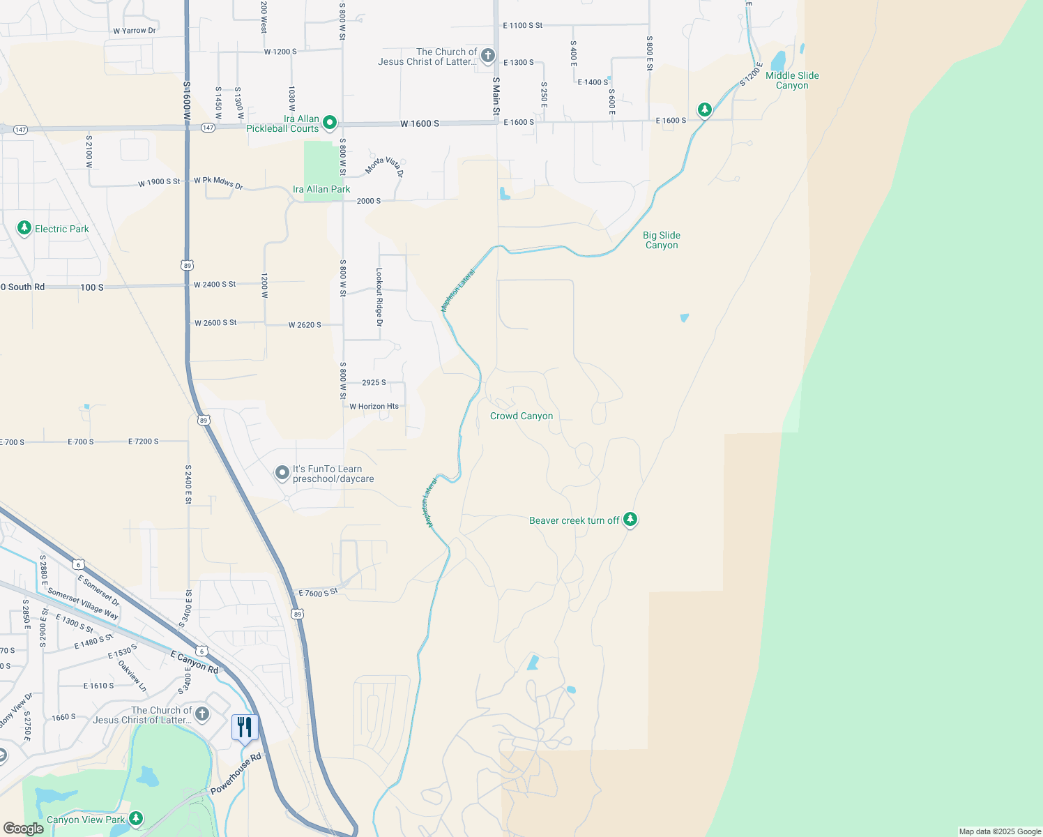 map of restaurants, bars, coffee shops, grocery stores, and more near 3167 South Mapleton Estates Drive in Mapleton