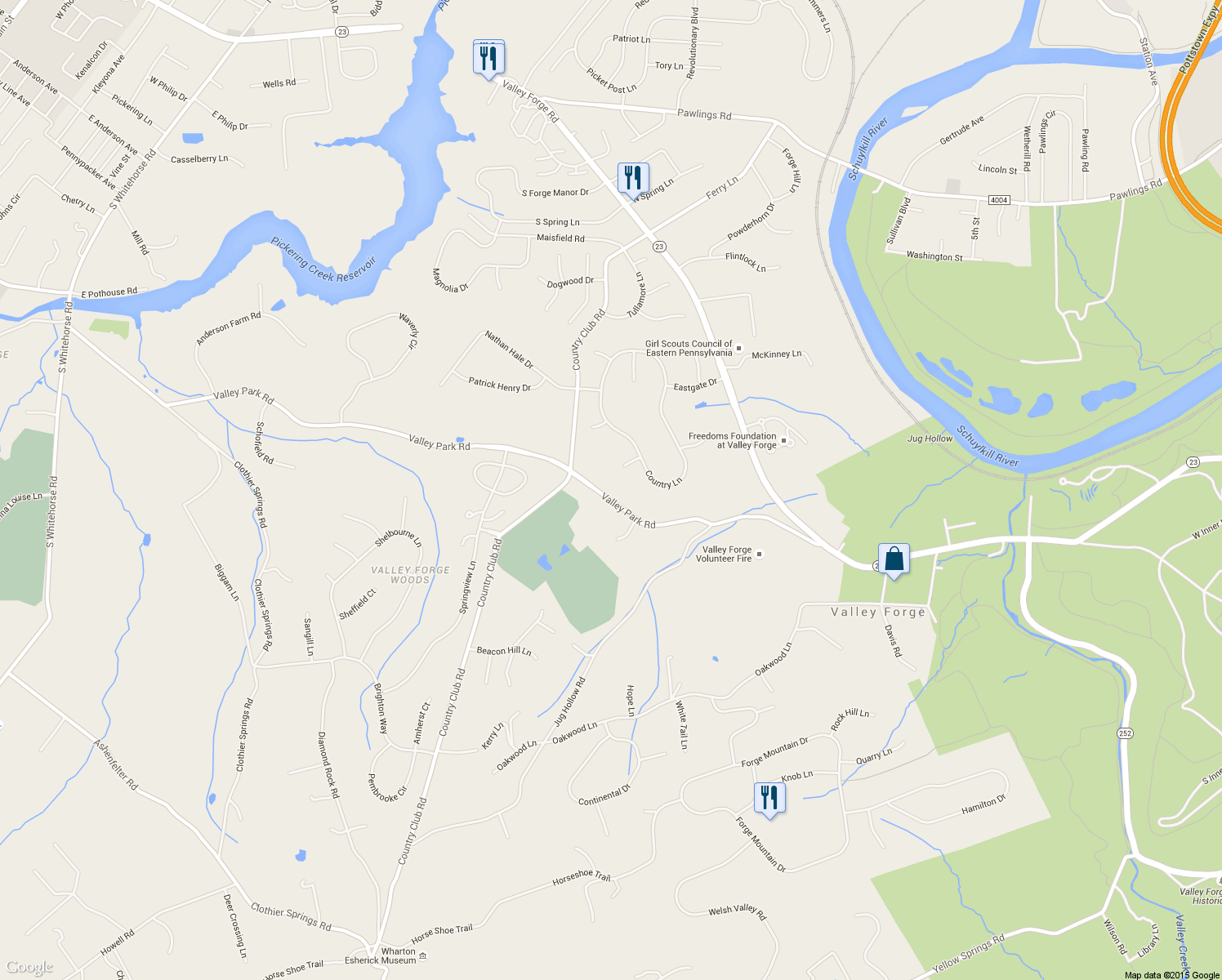 map of restaurants, bars, coffee shops, grocery stores, and more near 505 Valley Park Road in Phoenixville