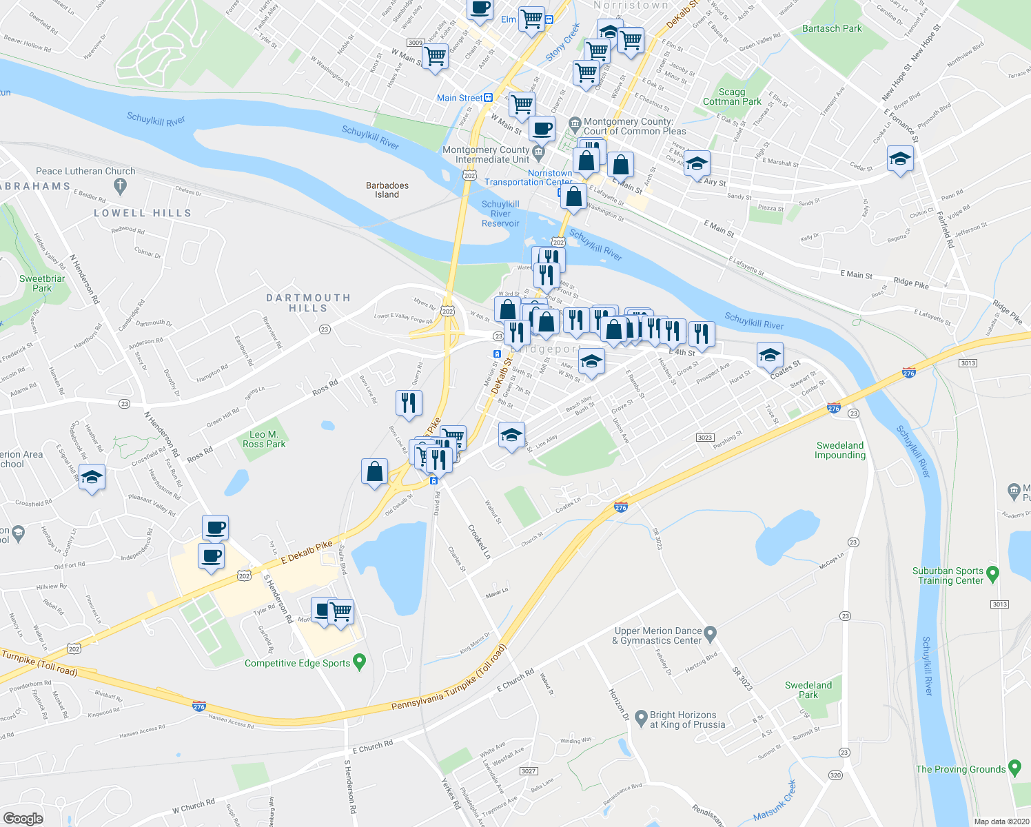 map of restaurants, bars, coffee shops, grocery stores, and more near 108 8th Street in Bridgeport