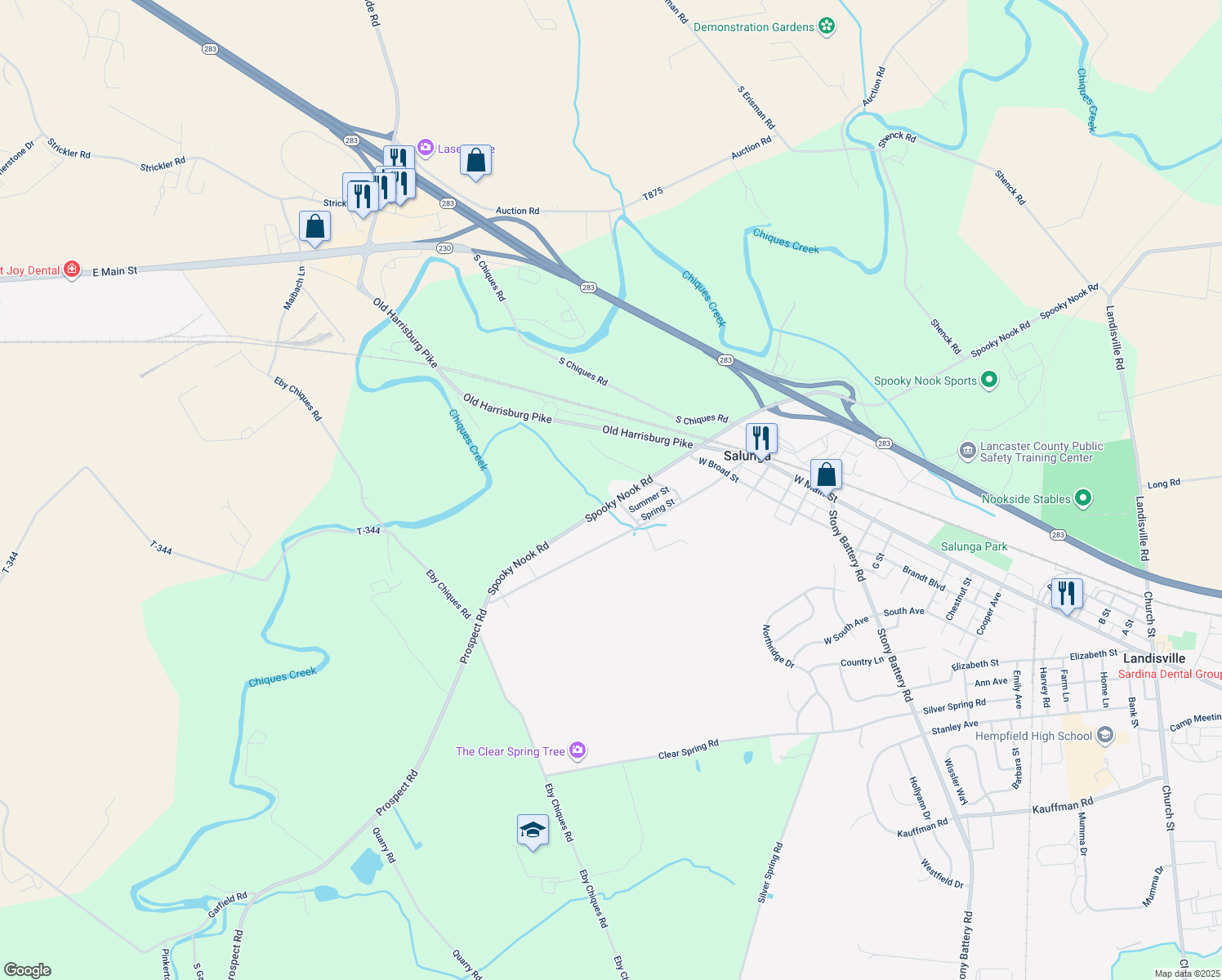 map of restaurants, bars, coffee shops, grocery stores, and more near 2200 Spooky Nook Road in Mount Joy