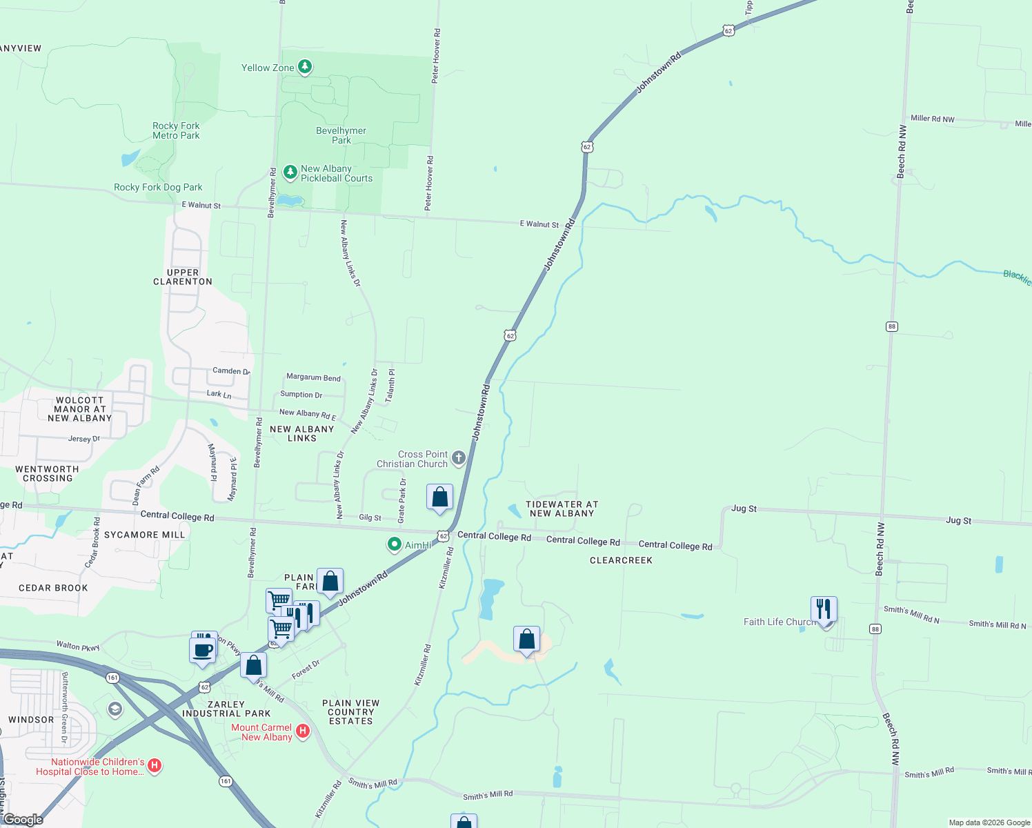 map of restaurants, bars, coffee shops, grocery stores, and more near 7989 Clouse Road in New Albany