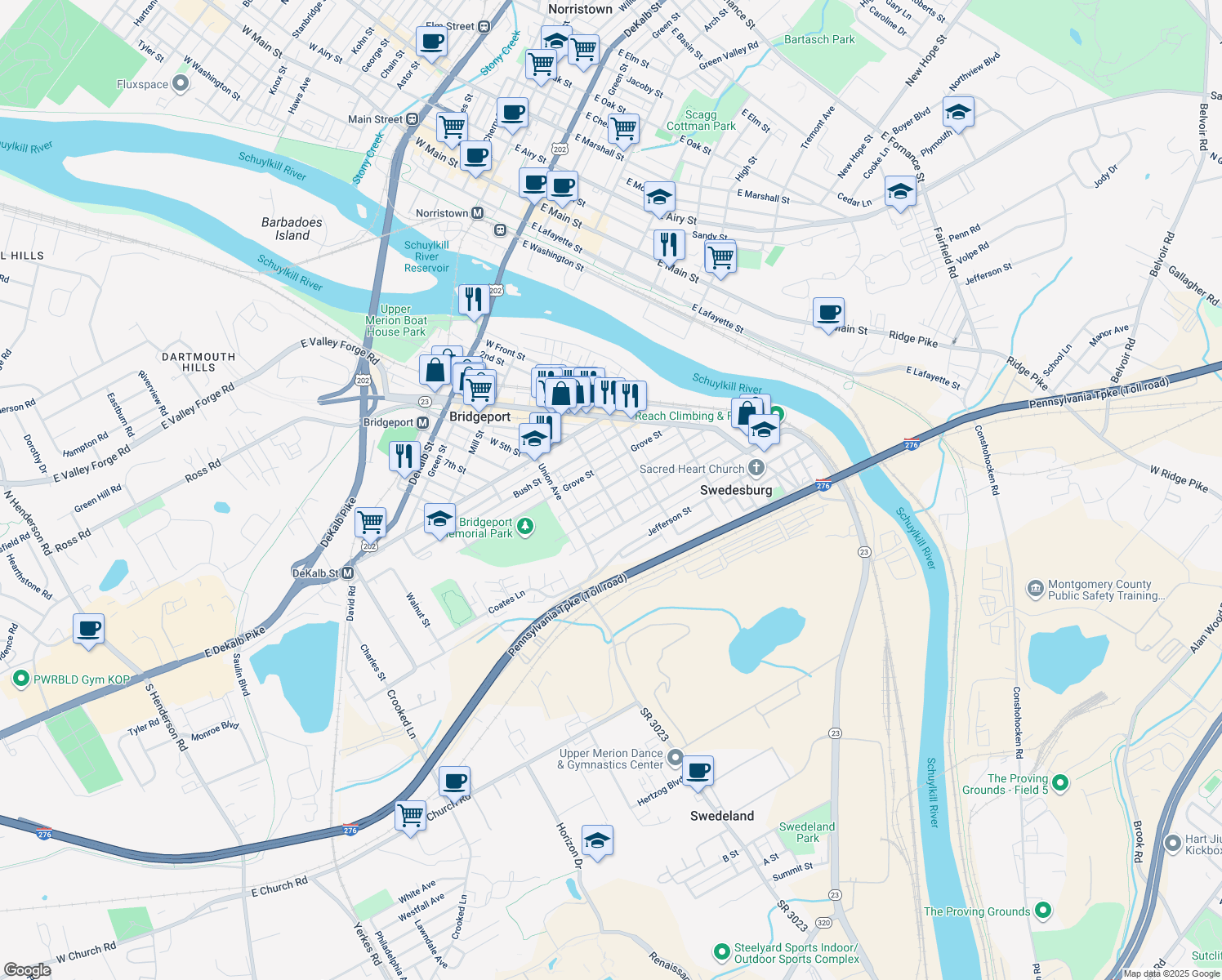 map of restaurants, bars, coffee shops, grocery stores, and more near 403 E Rambo St in Bridgeport