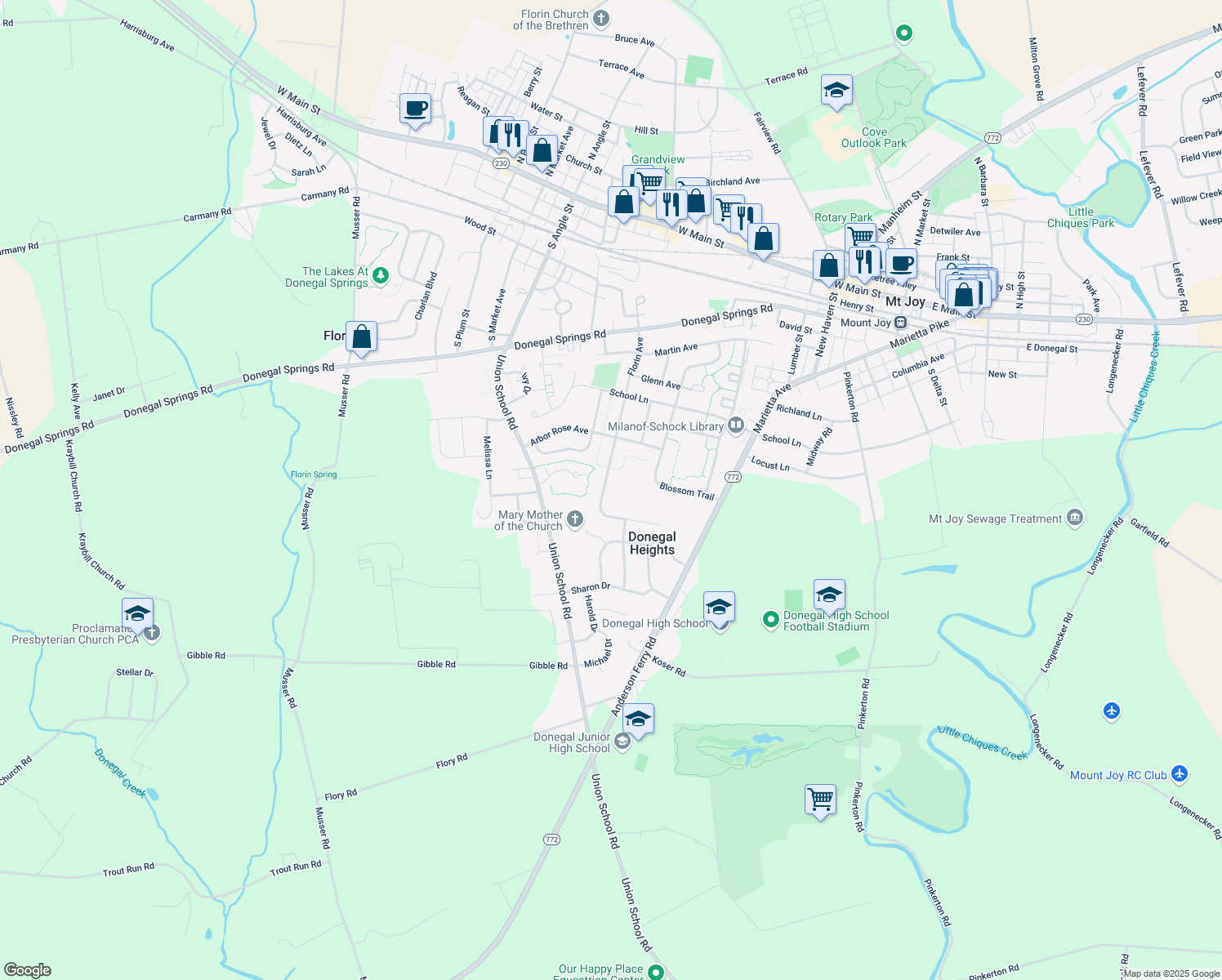 map of restaurants, bars, coffee shops, grocery stores, and more near 648 Florin Avenue in Mount Joy