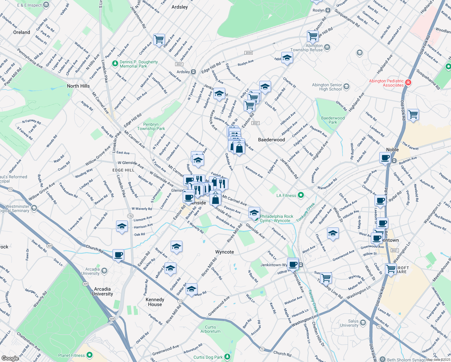 map of restaurants, bars, coffee shops, grocery stores, and more near 2206 Fairhill Avenue in Glenside