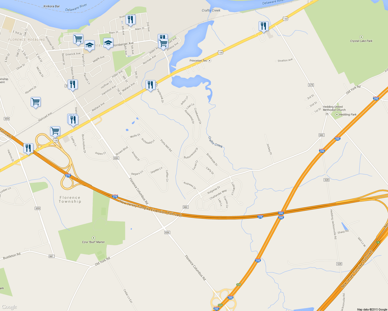 map of restaurants, bars, coffee shops, grocery stores, and more near 15 Buttonwood Drive in Bordentown