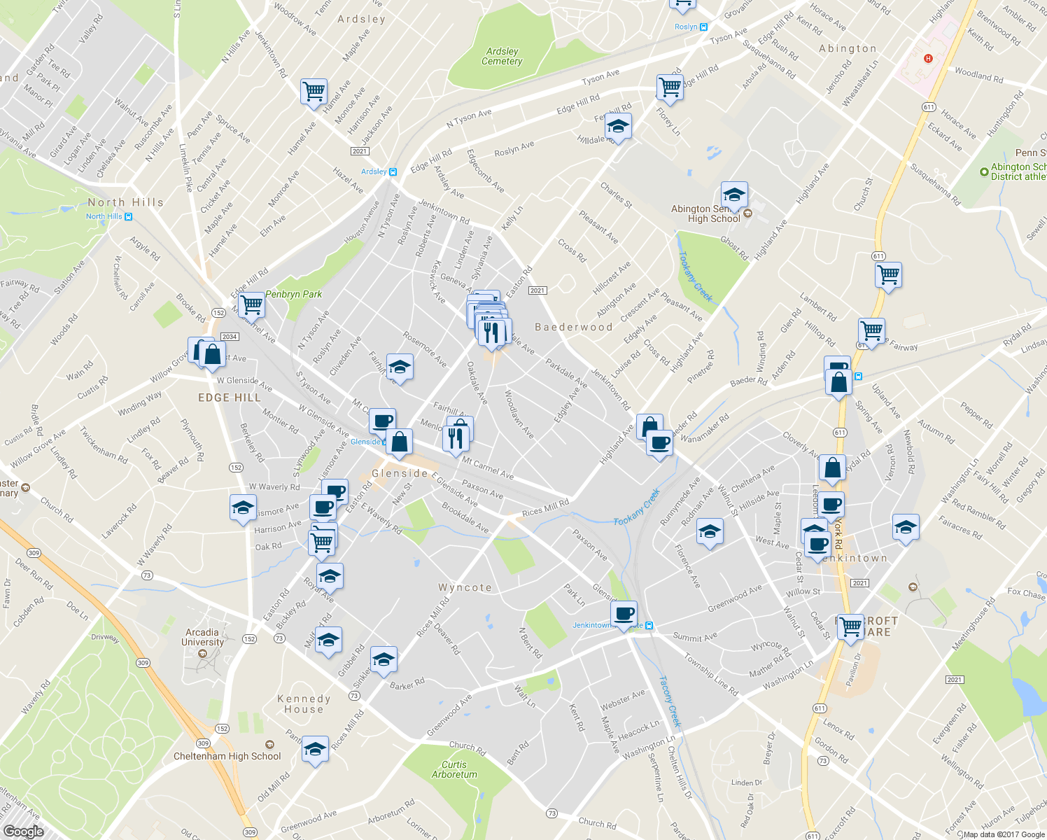 map of restaurants, bars, coffee shops, grocery stores, and more near 2133 Woodlawn Avenue in Glenside