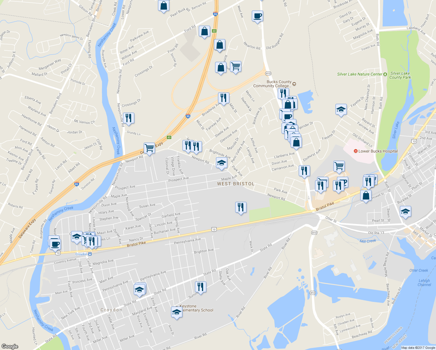 map of restaurants, bars, coffee shops, grocery stores, and more near 2338 Prospect Avenue in Croydon