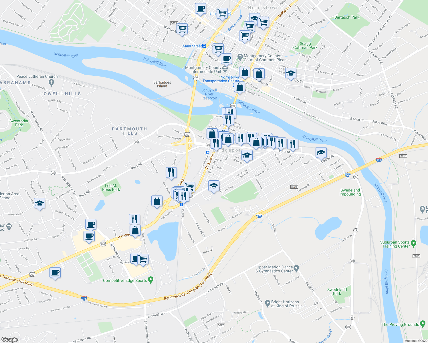 map of restaurants, bars, coffee shops, grocery stores, and more near 125 8th Street in Bridgeport