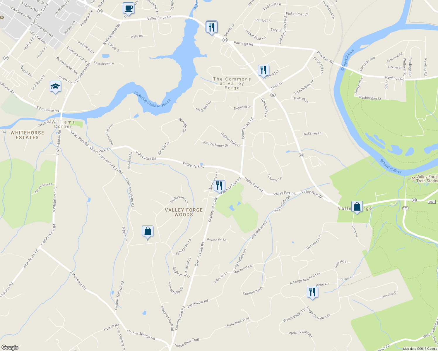 map of restaurants, bars, coffee shops, grocery stores, and more near 4 Foxcroft Lane in Phoenixville