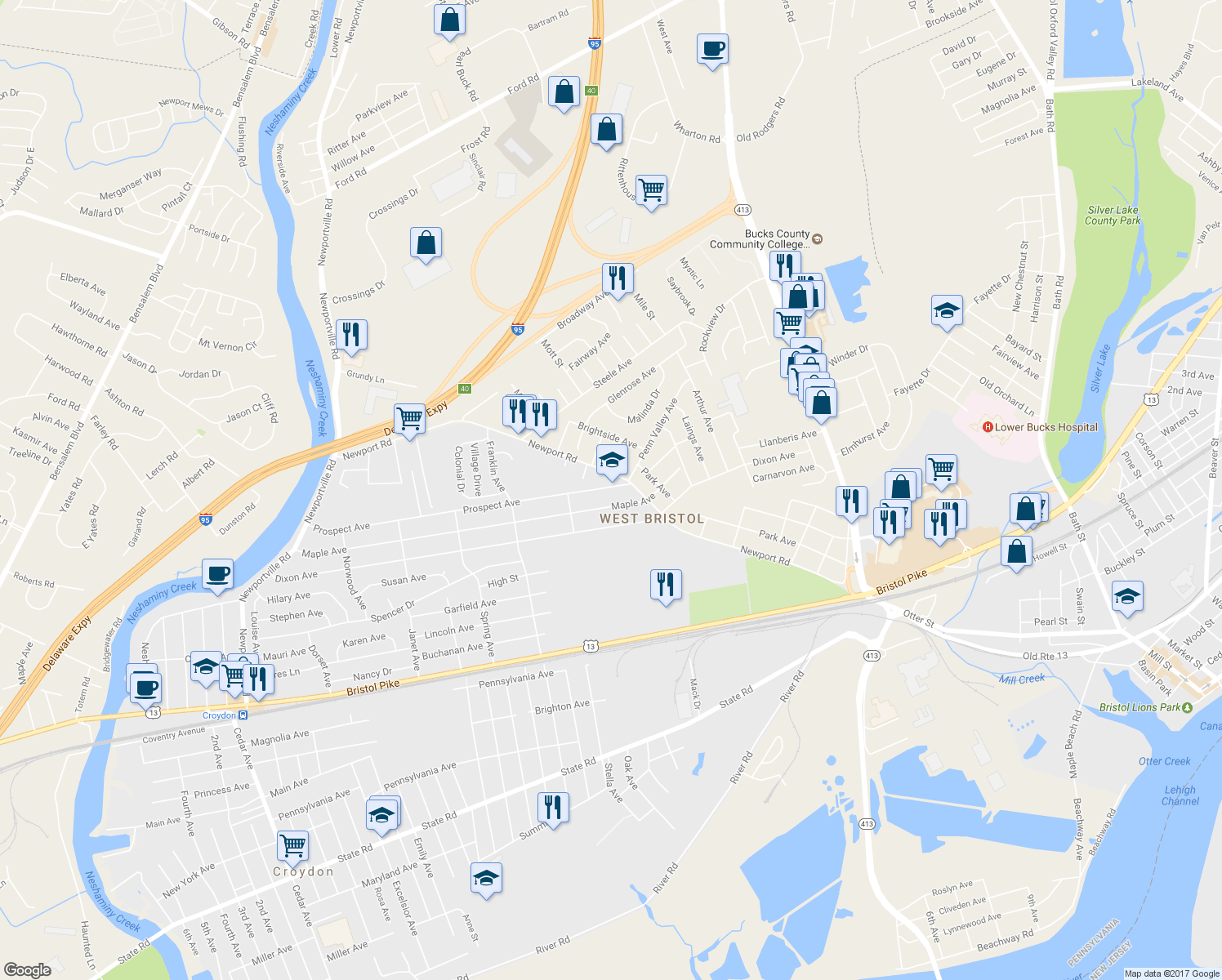 map of restaurants, bars, coffee shops, grocery stores, and more near 2348 Prospect Avenue in Croydon