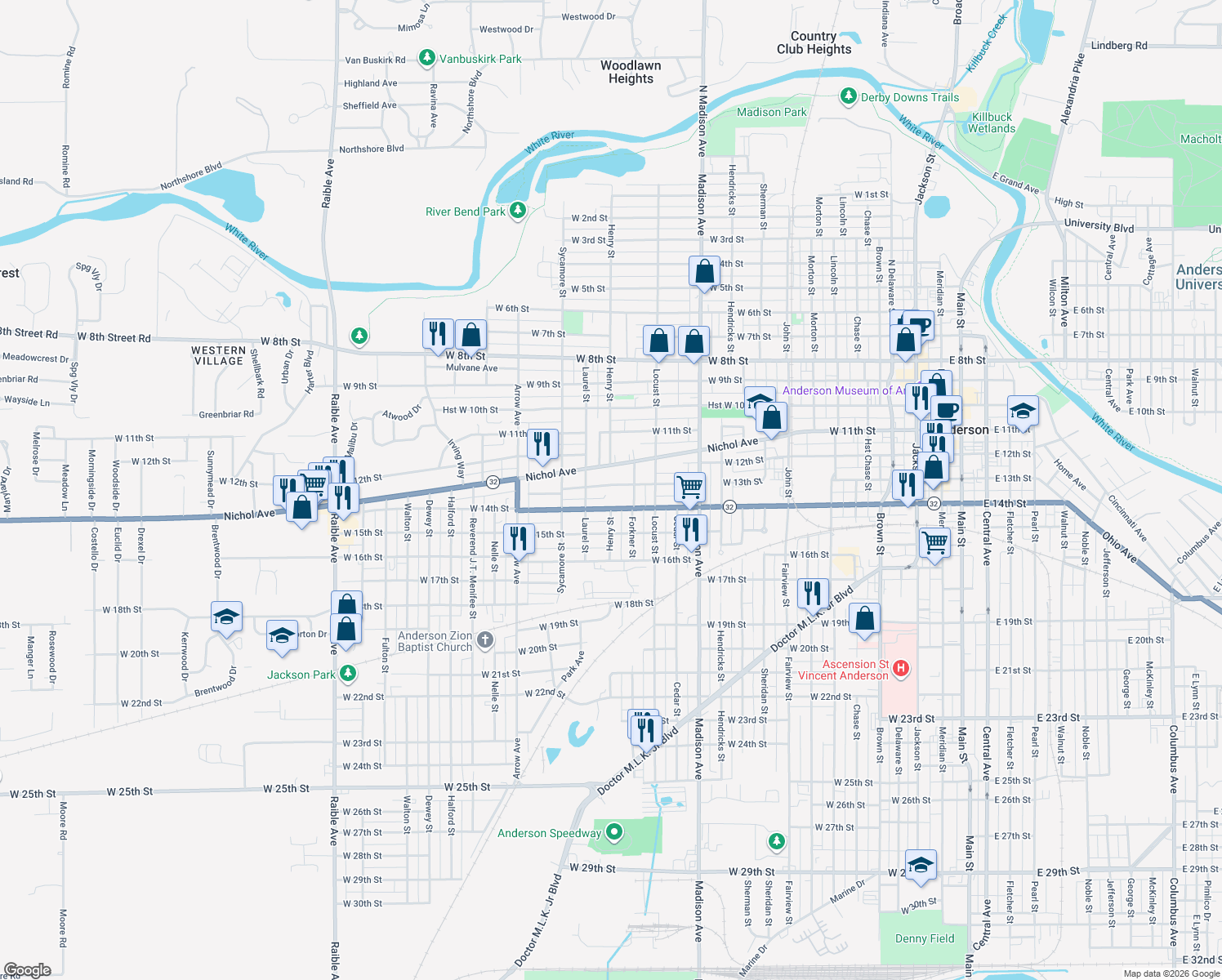 map of restaurants, bars, coffee shops, grocery stores, and more near 1329 West 13th Street in Anderson