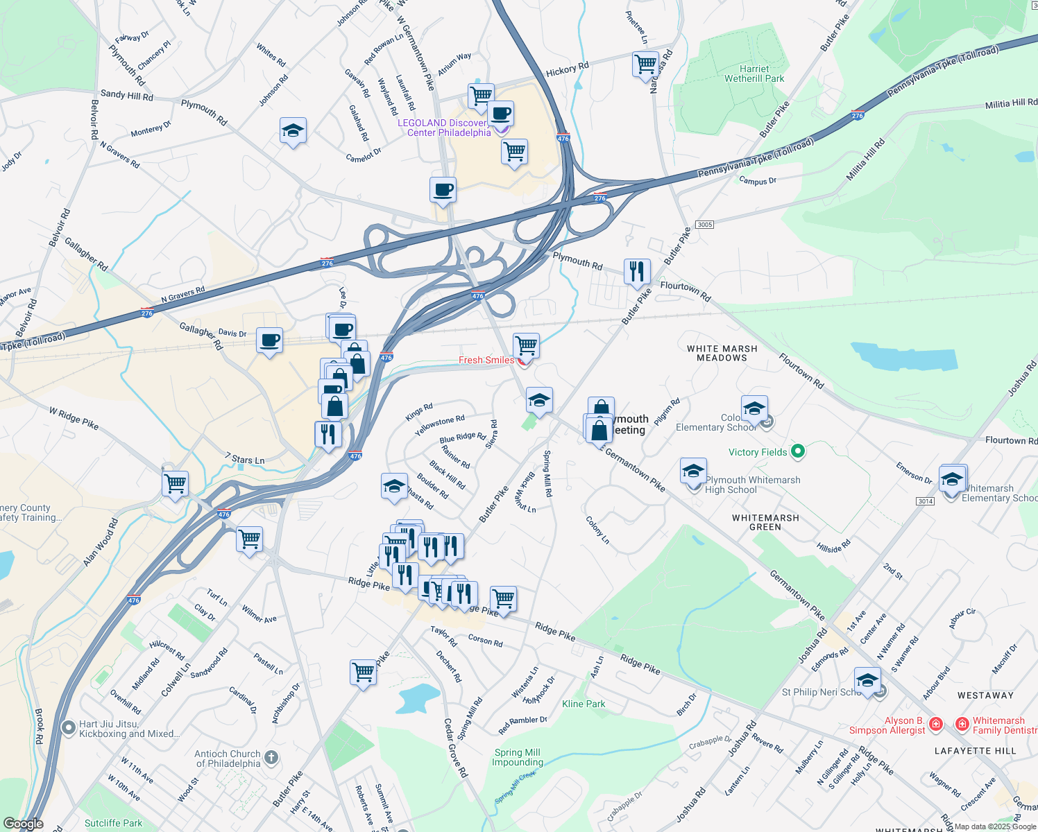 map of restaurants, bars, coffee shops, grocery stores, and more near 119 Meeting House Lane in Plymouth Meeting