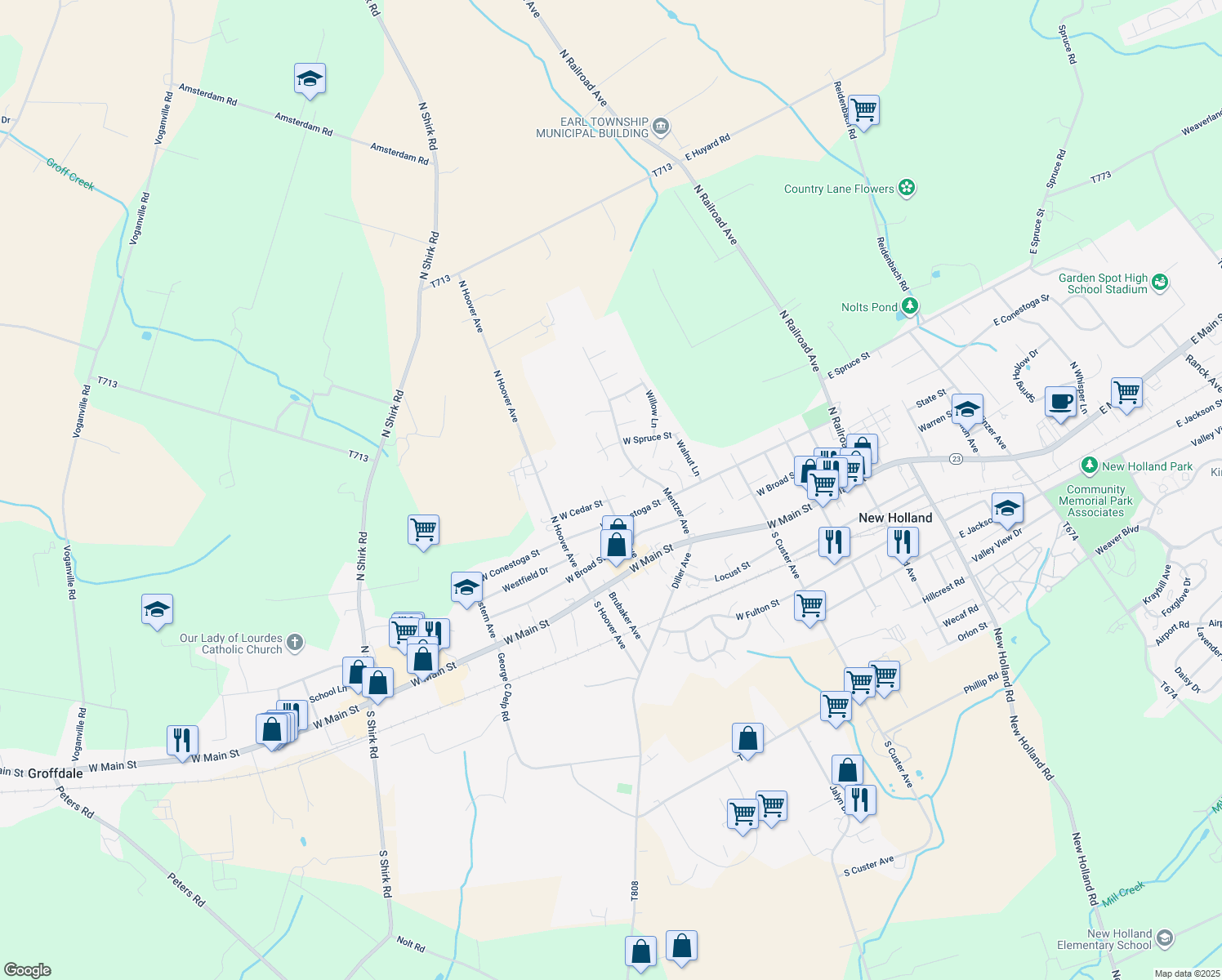 map of restaurants, bars, coffee shops, grocery stores, and more near 301 Oak Avenue in New Holland