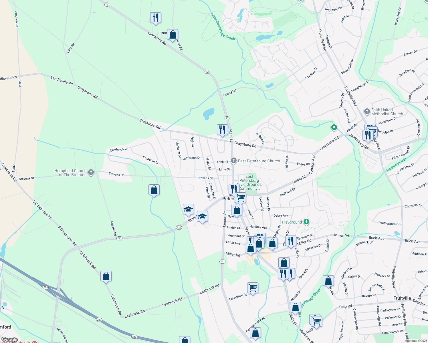 map of restaurants, bars, coffee shops, grocery stores, and more near 6240 Lemon Street in East Petersburg