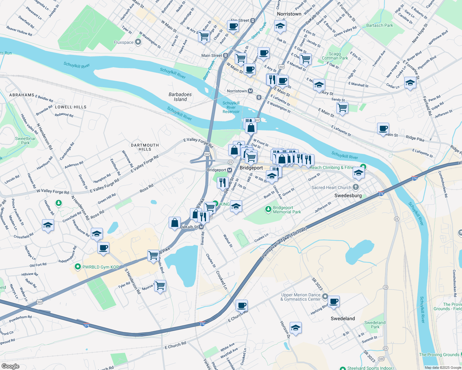 map of restaurants, bars, coffee shops, grocery stores, and more near 709 DeKalb Street in Bridgeport