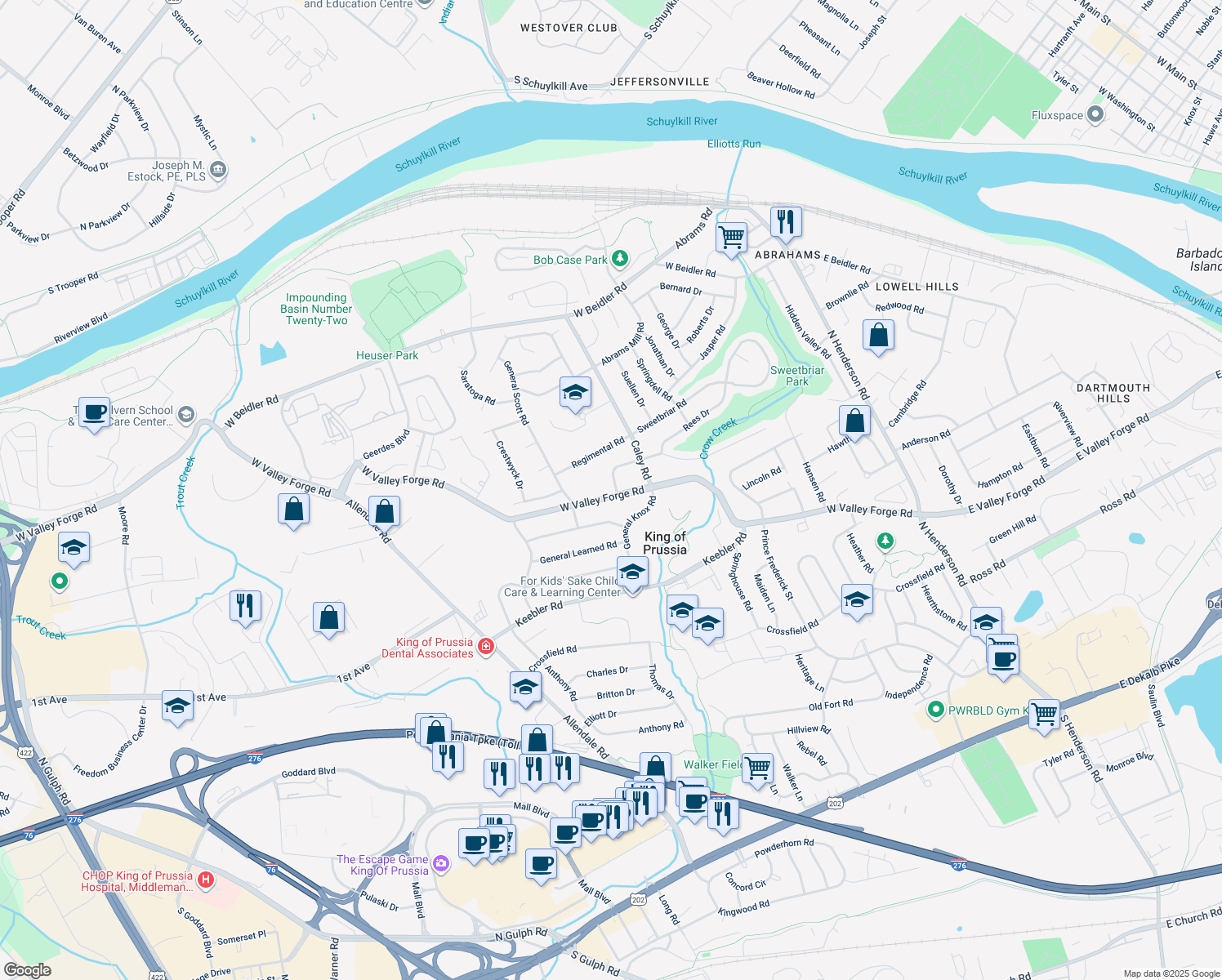 map of restaurants, bars, coffee shops, grocery stores, and more near 436 West Valley Forge Road in King of Prussia