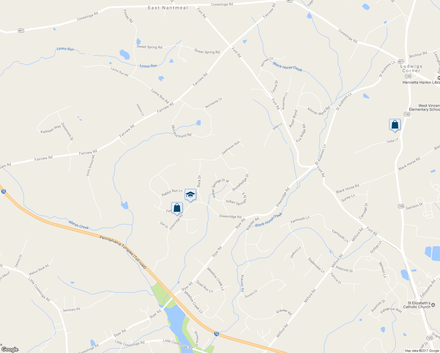 map of restaurants, bars, coffee shops, grocery stores, and more near 100 Devon Circle in Glenmoore