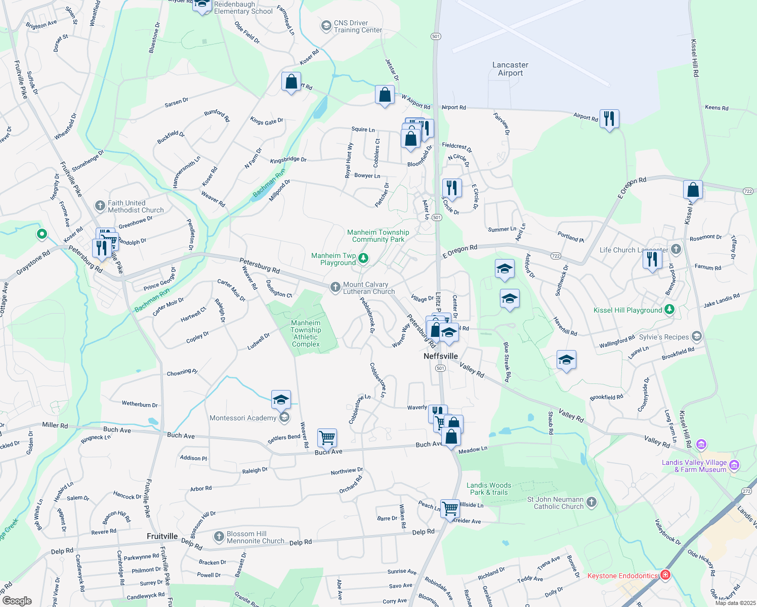 map of restaurants, bars, coffee shops, grocery stores, and more near 162 Tanglewood Ln in Lancaster