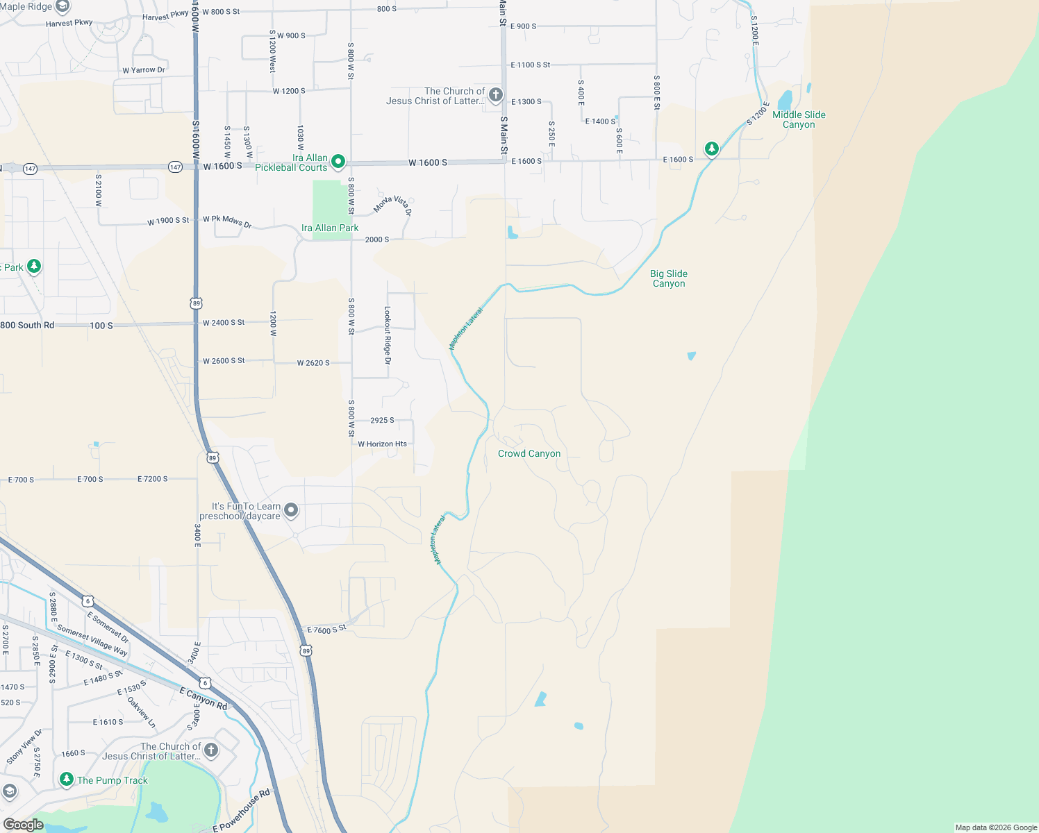 map of restaurants, bars, coffee shops, grocery stores, and more near 115 East Hidden Ridge Lane in Mapleton
