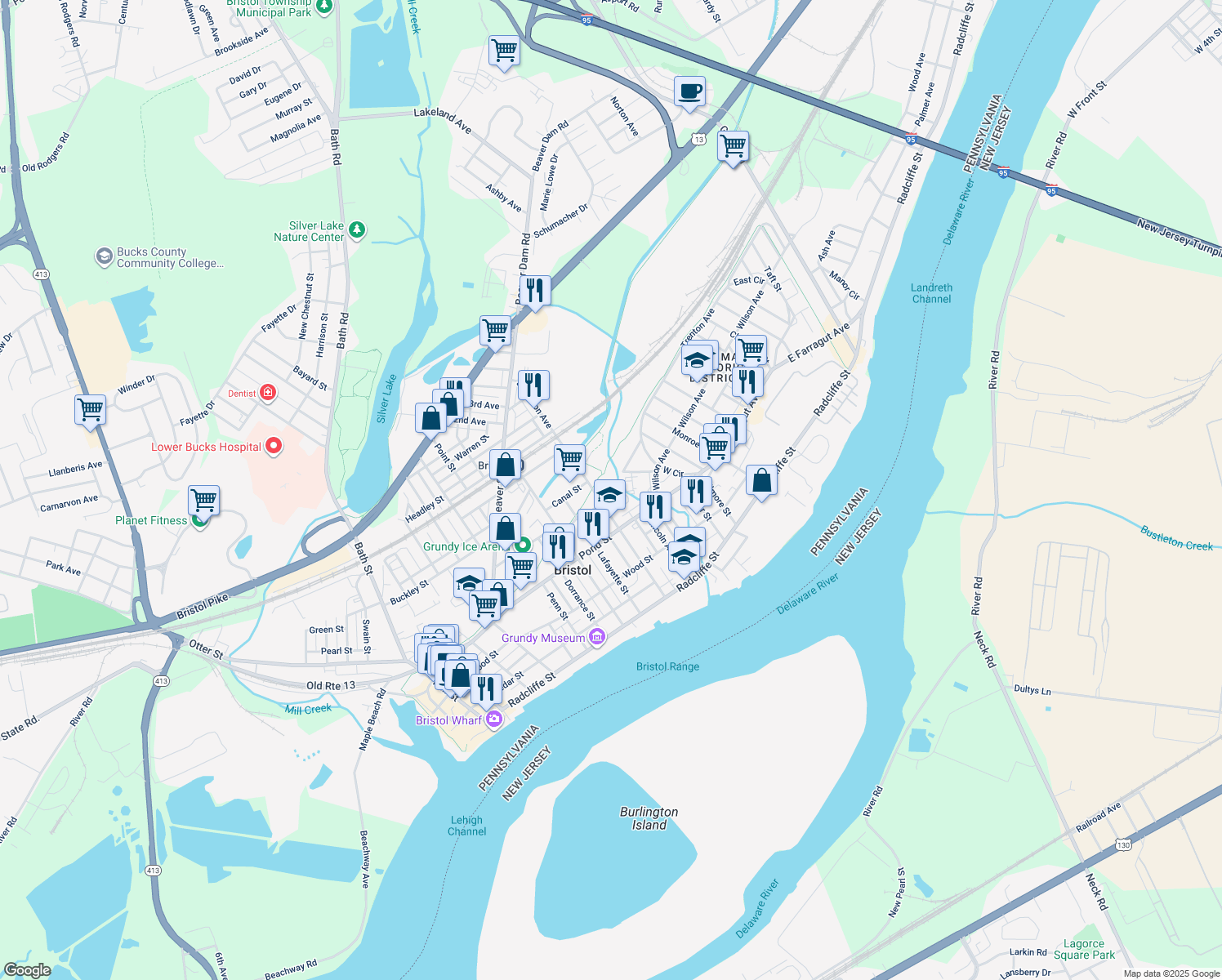 map of restaurants, bars, coffee shops, grocery stores, and more near 1027 Elm Street in Bristol