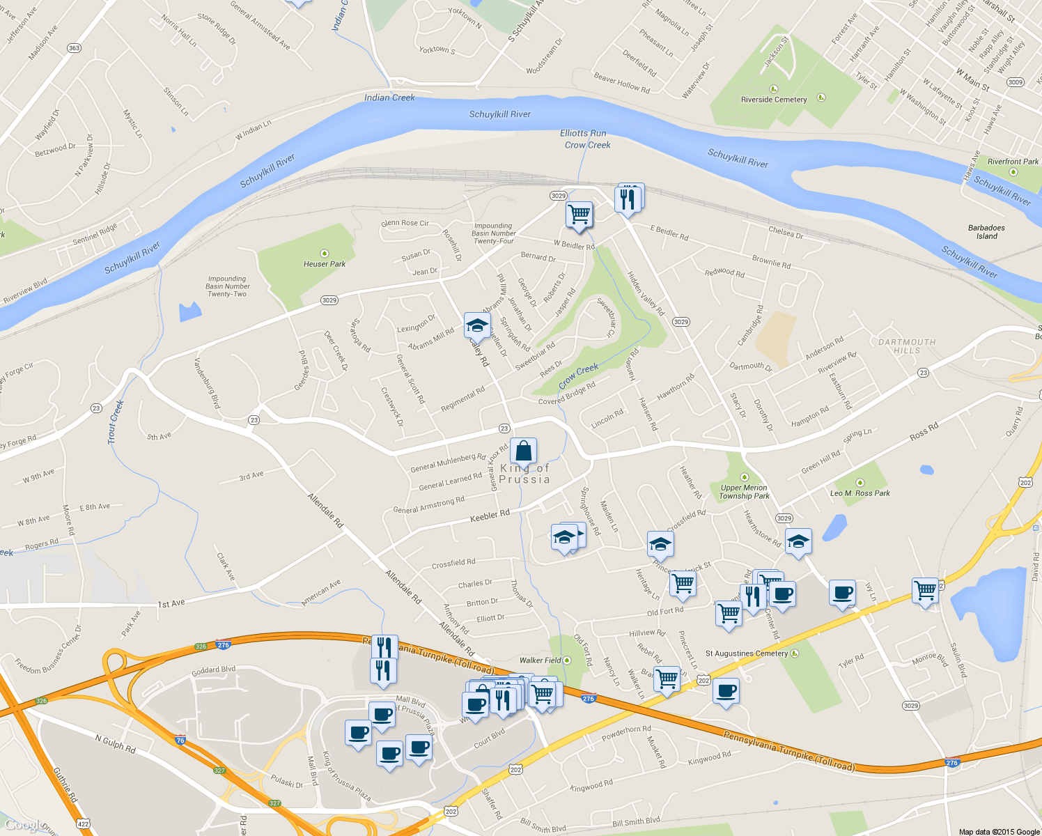 map of restaurants, bars, coffee shops, grocery stores, and more near 394 West Valley Forge Road in King of Prussia