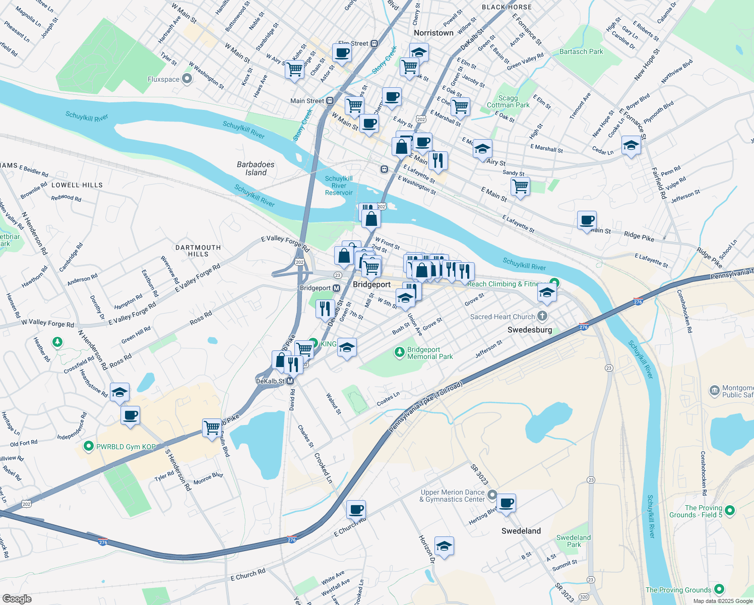 map of restaurants, bars, coffee shops, grocery stores, and more near 52 West 5th Street in Bridgeport