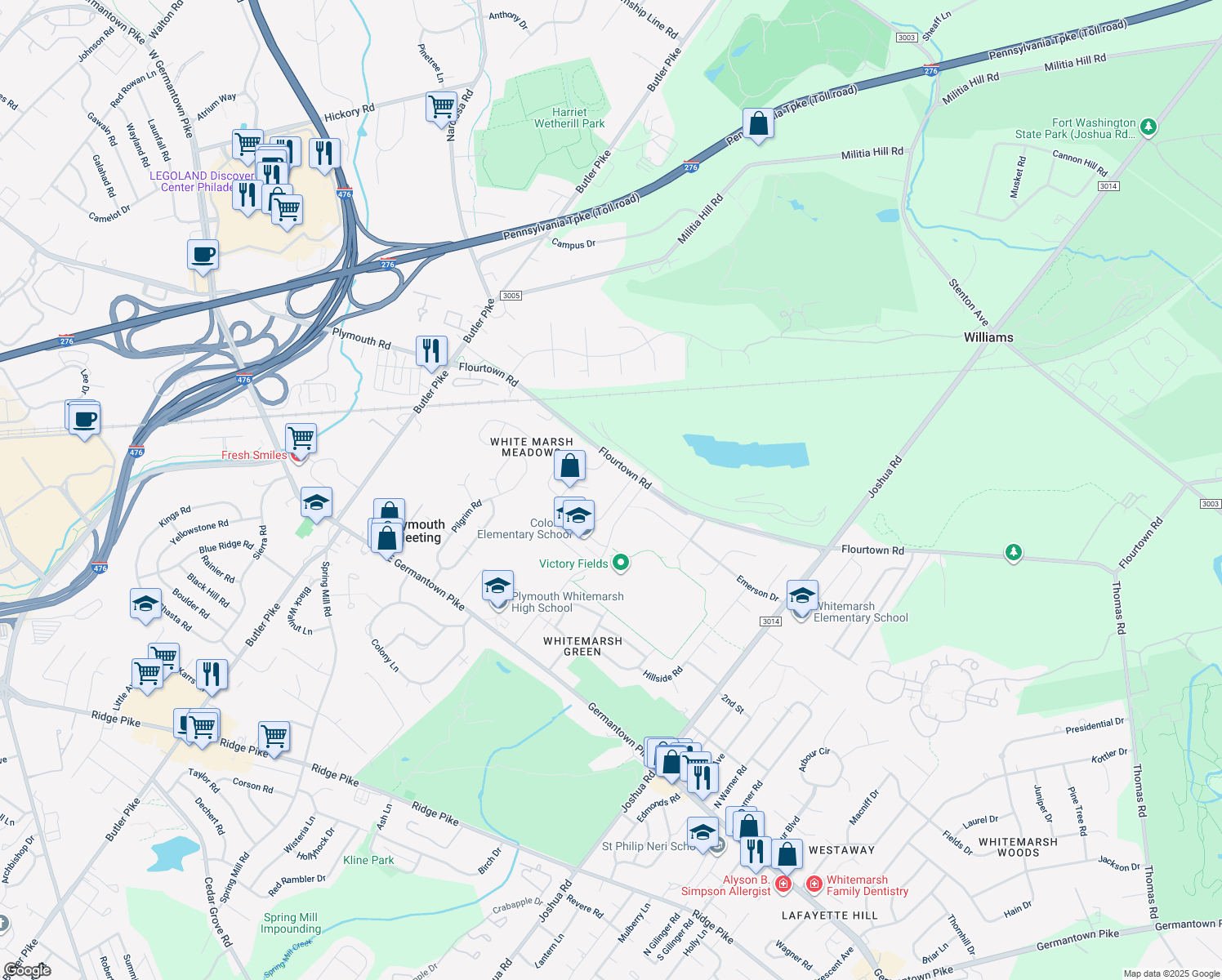 map of restaurants, bars, coffee shops, grocery stores, and more near 177 Wildflower Dr in Plymouth Meeting