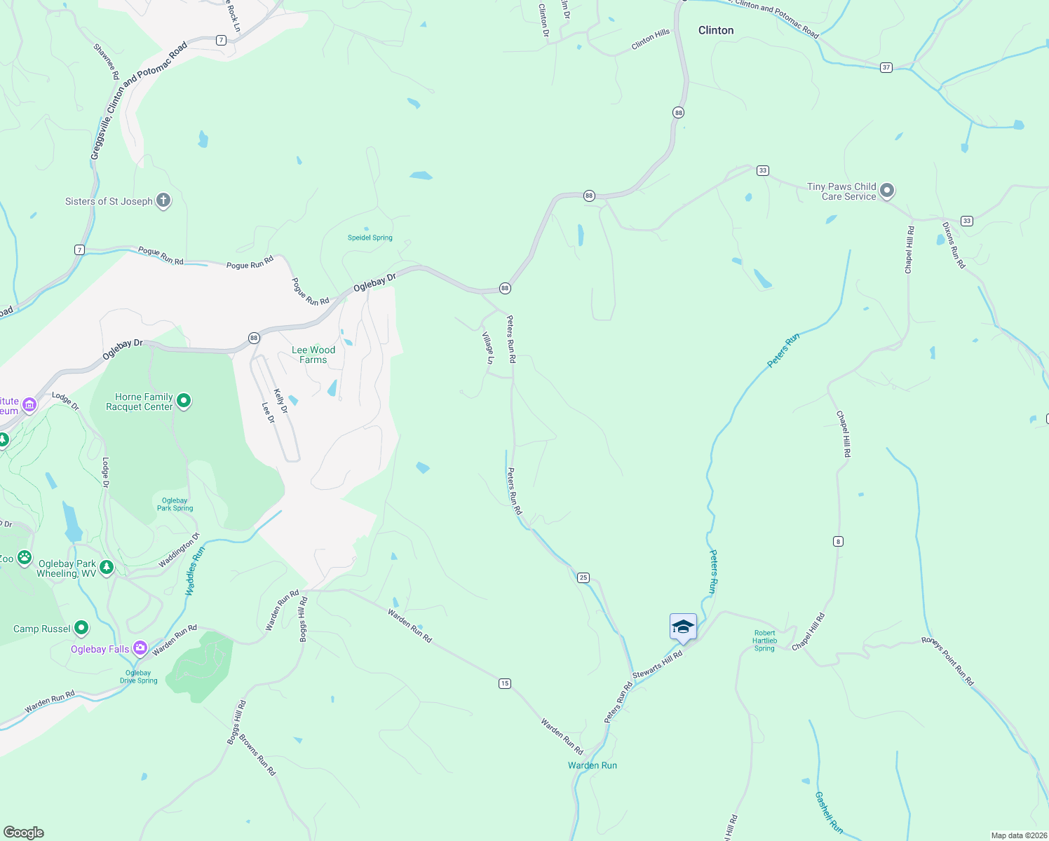 map of restaurants, bars, coffee shops, grocery stores, and more near 4274 Peters Run Road in Wheeling