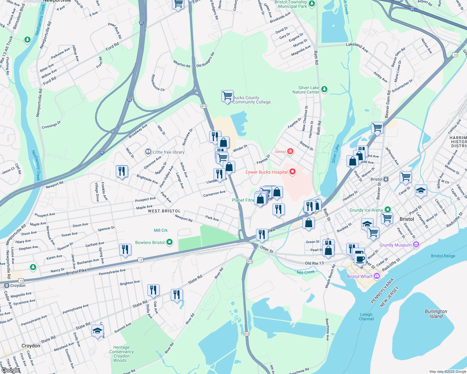 map of restaurants, bars, coffee shops, grocery stores, and more near 713 Veterans Highway in Bristol