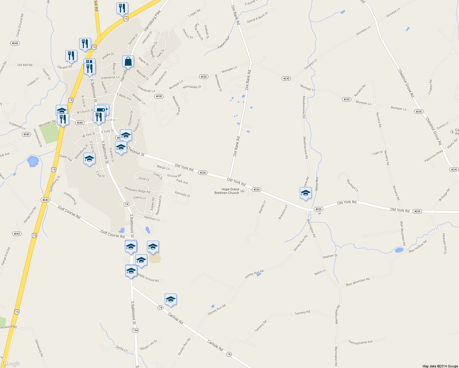 map of restaurants, bars, coffee shops, grocery stores, and more near 100 Old York Rd in Dillsburg